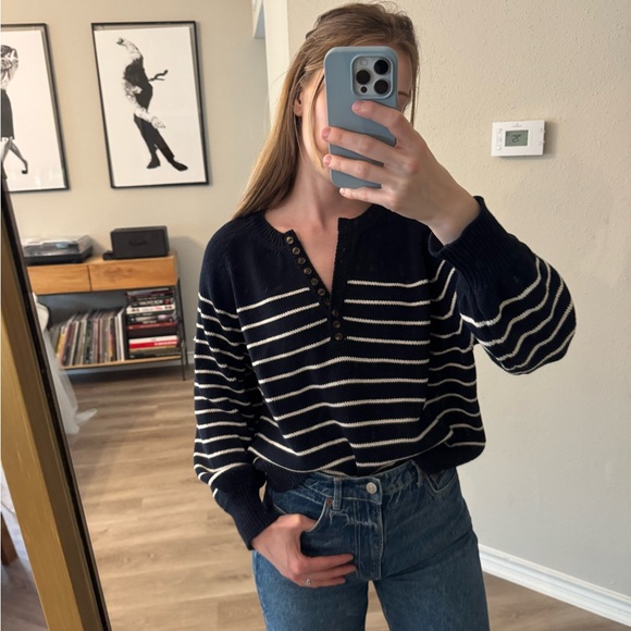 Sezane Leontine Jumper Sweater in navy blue white stripes size medium - Picture 3 of 8